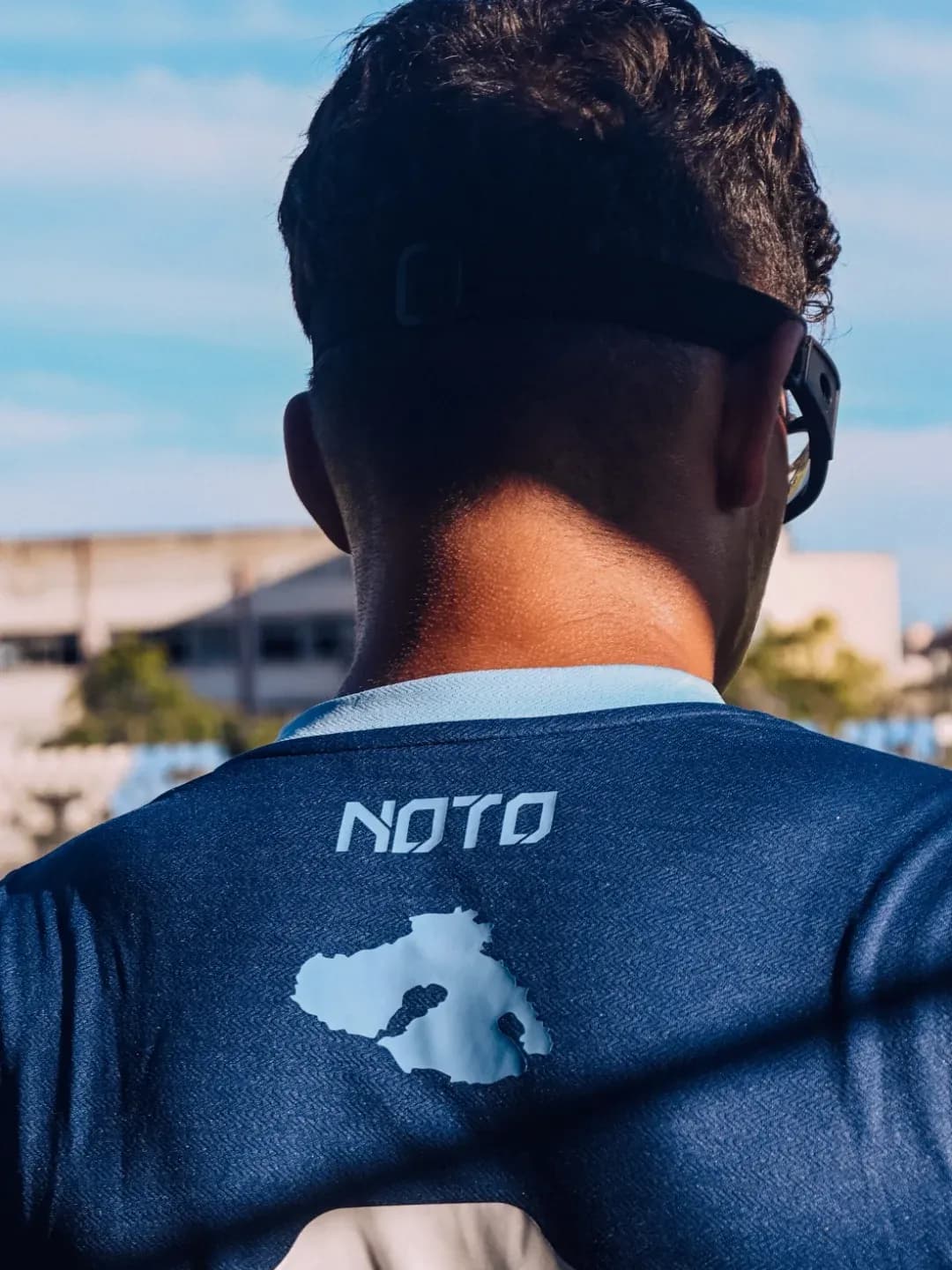 The back of an AIO Mytilinis jersey — Noto mark above the island of Lesvos